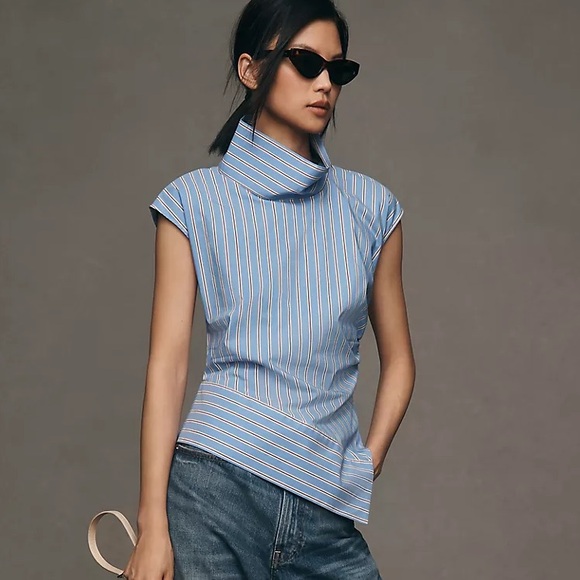Anthropologie Tops - NWT Anthropologie Maeve Mock-Neck Asymmetric Striped Muscle Top Blue Sz M